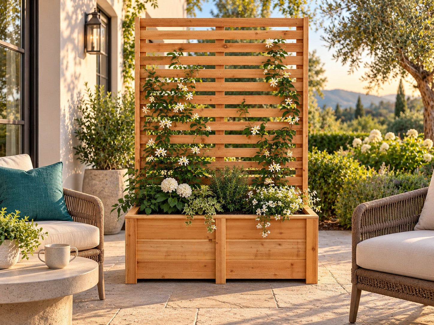 Evergreen trellis styled beside comfortable patio seating