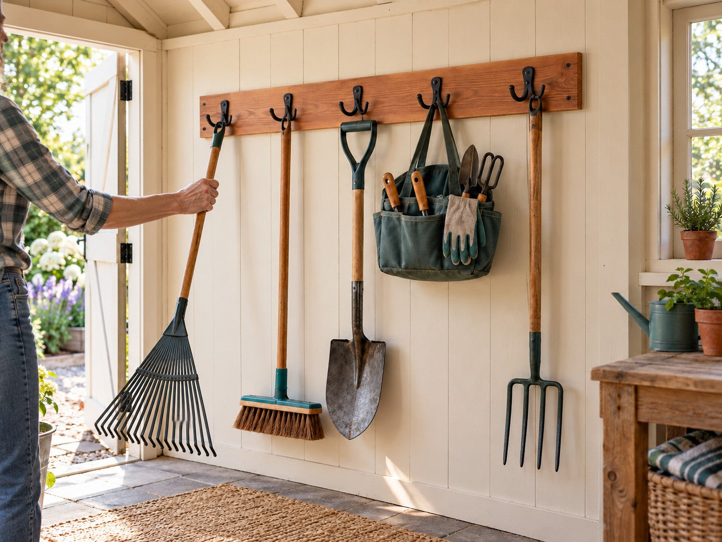 Design visualization showing Evergreen Garden Tool Rack in everyday use