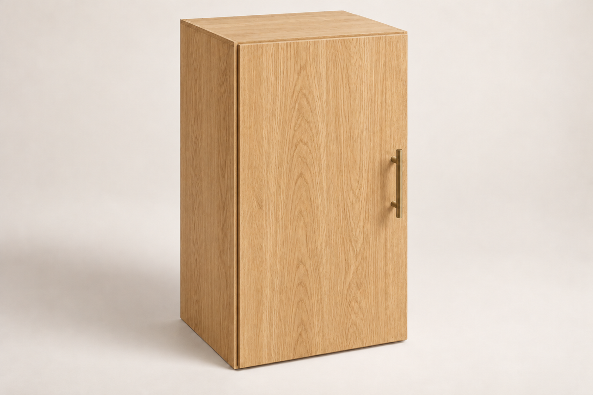 Summit 18-inch Single-Door Upper Cabinet · Custom — Book Consultation · Natural Wood · Slab · Illustrative design preview