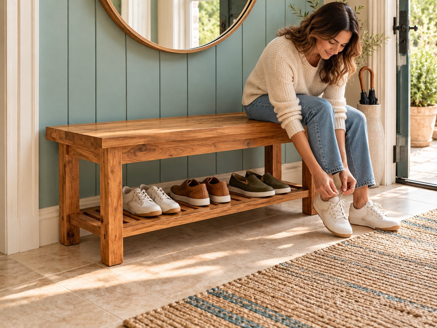 Design visualization showing Sprouk Entryway Bench in everyday use