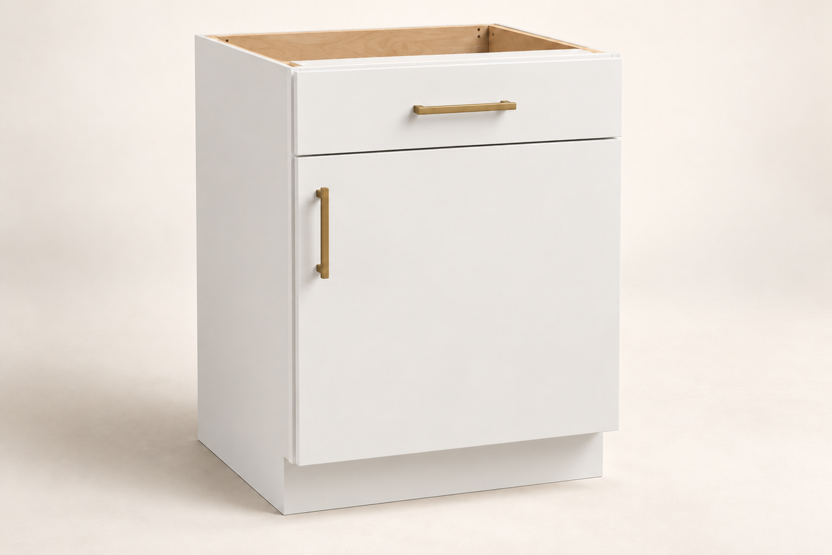 Summit 18-inch Single-Door Base Cabinet · Custom — Book Consultation · White · Slab · Illustrative design preview