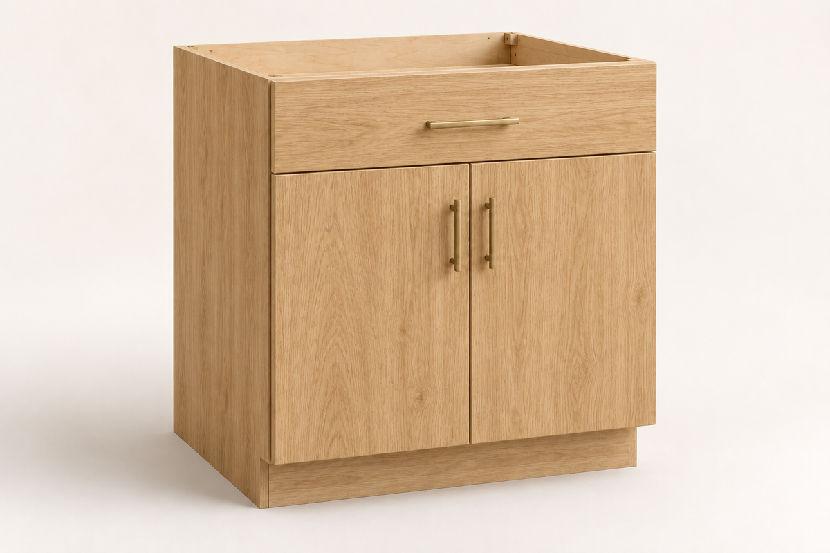 Summit 30-inch Double-Door Base Cabinet · Custom — Book Consultation · Natural Wood · Slab · Illustrative design preview