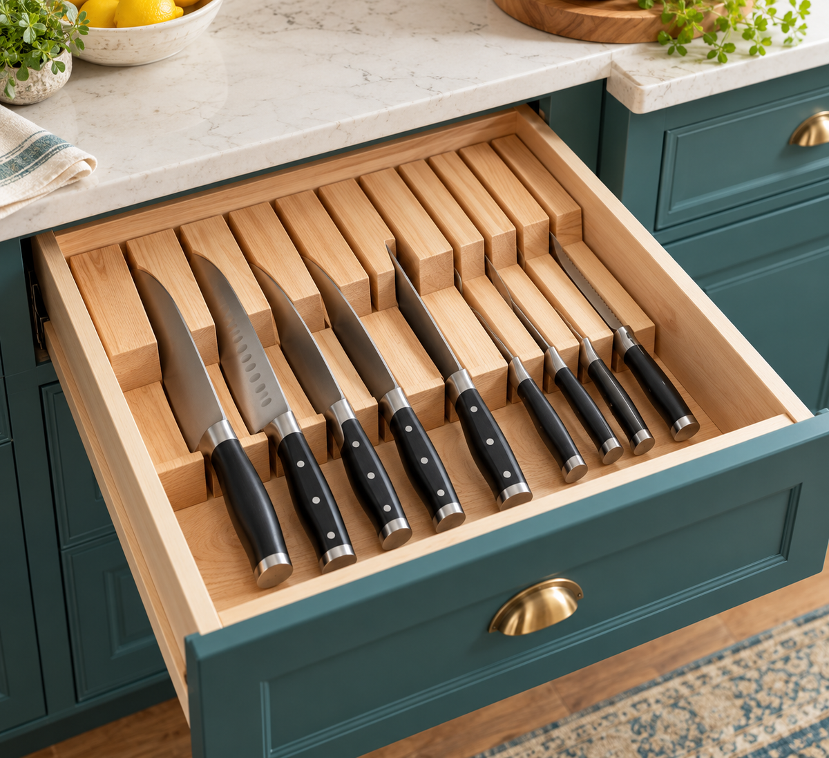 Summit Drawer Organizer · Custom Size · Knife Layout · Custom Finish · Illustrative design preview