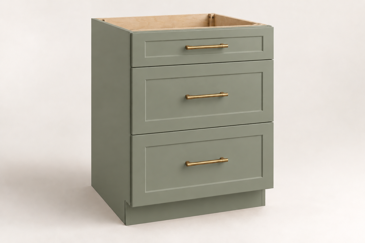 Summit 24-inch Three-Drawer Base Cabinet · Custom — Book Consultation · Dried Thyme · Shaker · Illustrative design preview
