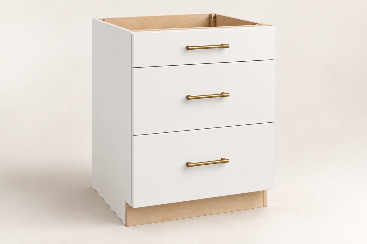 Summit 24-inch Three-Drawer Base Cabinet · Custom — Book Consultation · White · Slab · Illustrative design preview