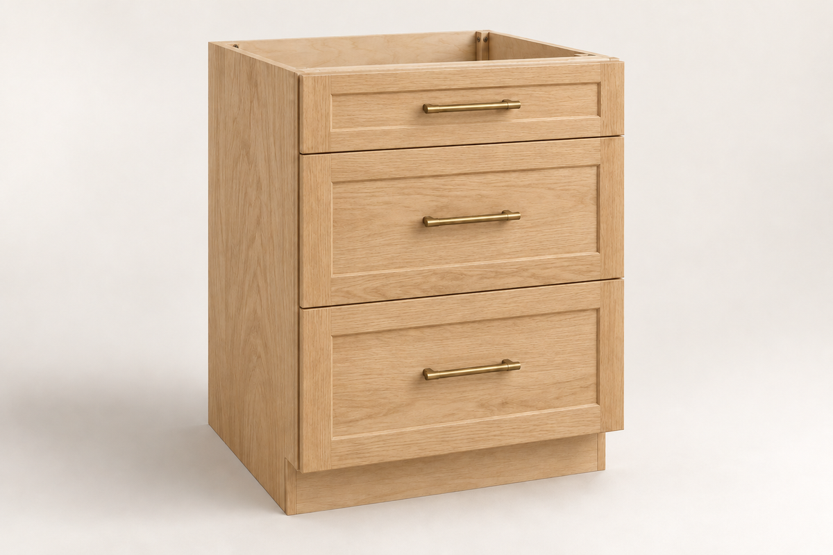 Summit 24-inch Three-Drawer Base Cabinet · Custom — Book Consultation · Natural Wood · Shaker · Illustrative design preview