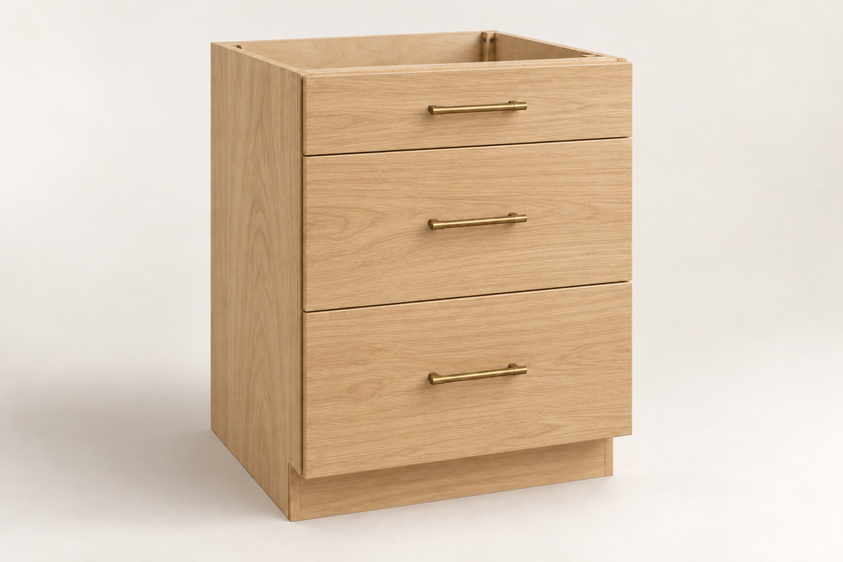Summit 24-inch Three-Drawer Base Cabinet · Custom — Book Consultation · Natural Wood · Slab · Illustrative design preview