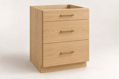 Summit 24-inch Three-Drawer Base Cabinet · Custom — Book Consultation · Natural Wood · Slab · Illustrative design preview