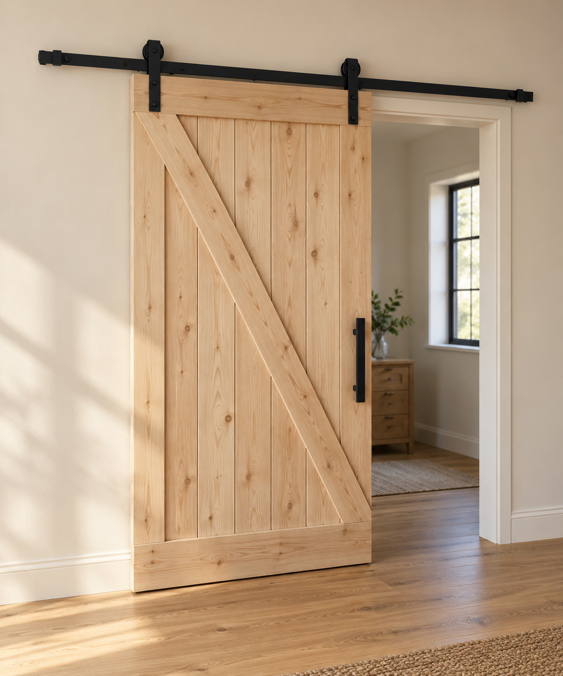Signature Pattern Barn Door · Custom Size · Diagonal · Custom Finish · Illustrative design preview