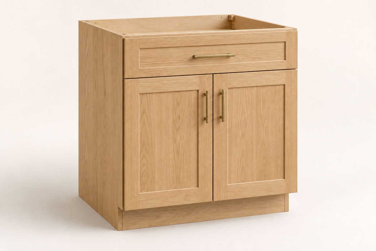 Summit 36-inch Sink Base Cabinet · Custom — Book Consultation · Natural Wood · Shaker · Illustrative design preview