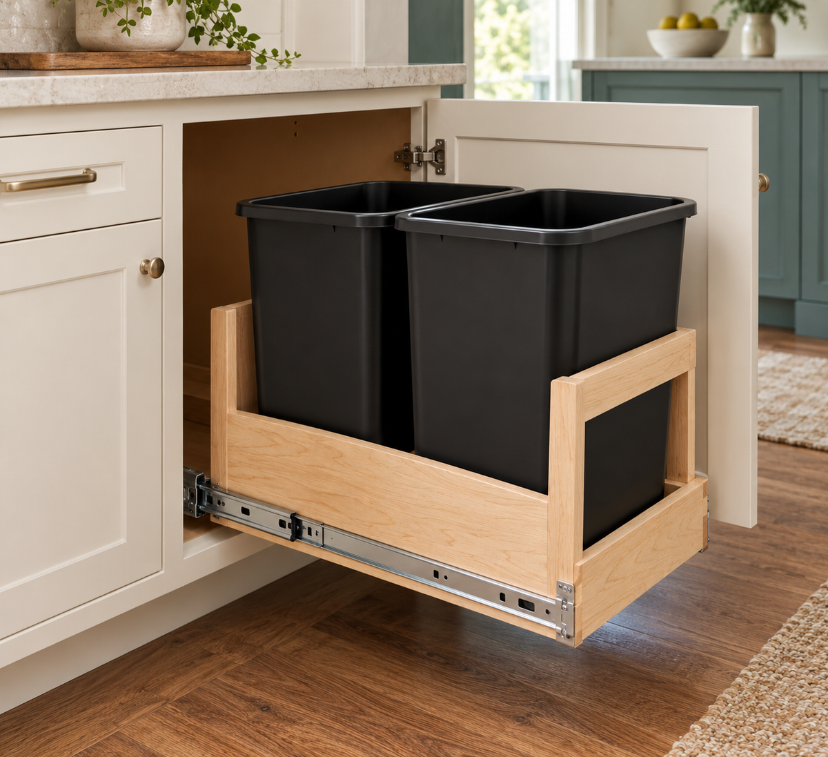 Summit Trash Pull-Out · Double Bin · Custom Finish · Installation Requested · Illustrative design preview