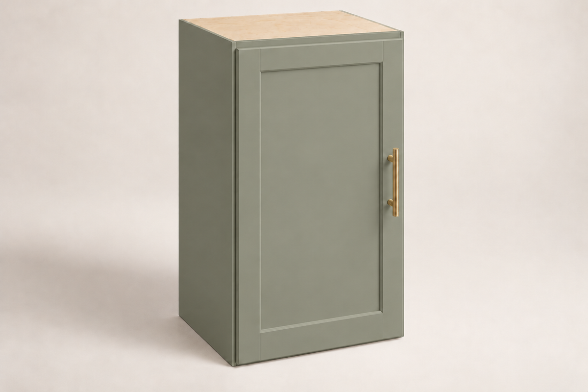 Summit 18-inch Single-Door Upper Cabinet · Custom — Book Consultation · Dried Thyme · Shaker · Illustrative design preview