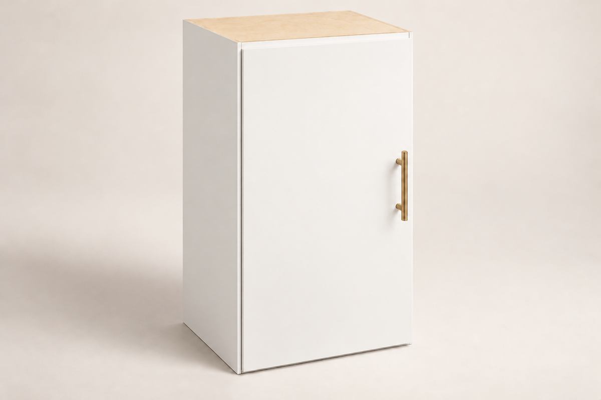 Summit 18-inch Single-Door Upper Cabinet · Custom — Book Consultation · White · Slab · Illustrative design preview