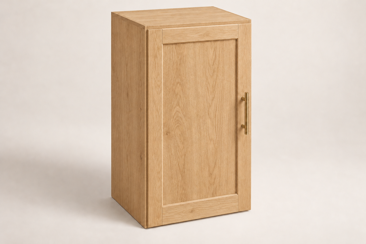 Summit 18-inch Single-Door Upper Cabinet · Custom — Book Consultation · Natural Wood · Shaker · Illustrative design preview