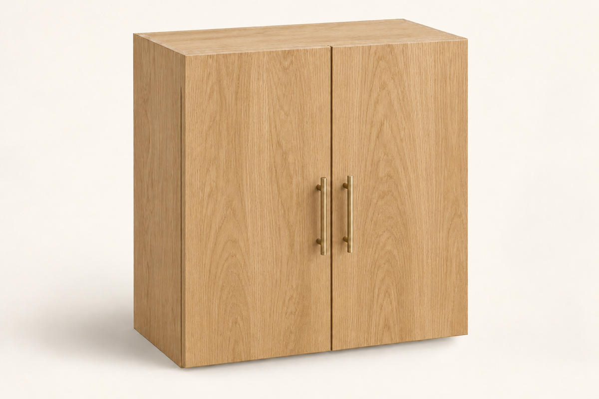Summit 24-inch Double-Door Upper Cabinet · Custom — Book Consultation · Natural Wood · Slab · Illustrative design preview